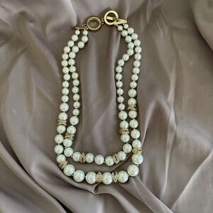 Anne Klein Faux Pearl Rhinestone Double Necklace Toggle Closure